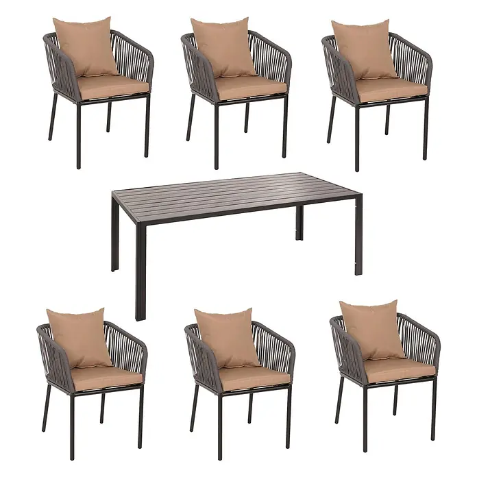 Mendler Gartengarnitur HWC-N41 Tisch+6xStuhl - anthrazit Kissen Taupe -  - 6-Sitzer Outdoor-Essgruppe mit dunklem Metalltisch und Stühlen, geflochtenen Rückenlehnen und beigen Kissen.