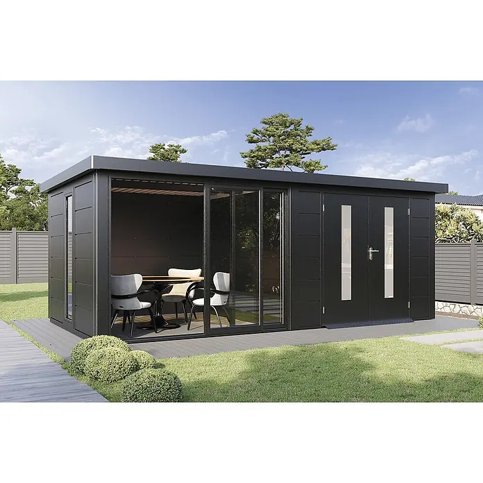 Wolff Finnhaus Gartenhaus Elvar Master Line - Außenmaß inkl. Dachüberstand (B x T): 610 x 332 cm, Metall, Anthrazit - Modernes dunkelgraues Gartenhaus mit Glasschiebetüren und Doppeltür, als Outdoor-Wohnraum oder Stauraum genutzt.