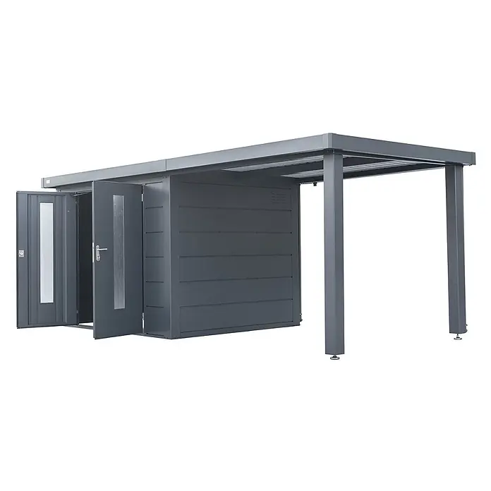 Wolff Finnhaus Gartenhaus Elvar Master Line - Außenmaß inkl. Dachüberstand (B x T): 610 x 332 cm, Metall, Anthrazit - Anthrazitfarbener Metallschuppen mit zwei Türen und angebautem Carport.