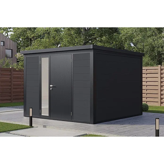 Wolff Finnhaus Gartenhaus Asger Prime Line - Außenmaß inkl. Dachüberstand (B x T): 300 x 300 cm, Verbundwerkstoff, Anthrazit - Dunkelgrauer Gartenschuppen mit horizontaler Verkleidung und Doppeltüren mit Glaspaneel auf einer Terrasse.