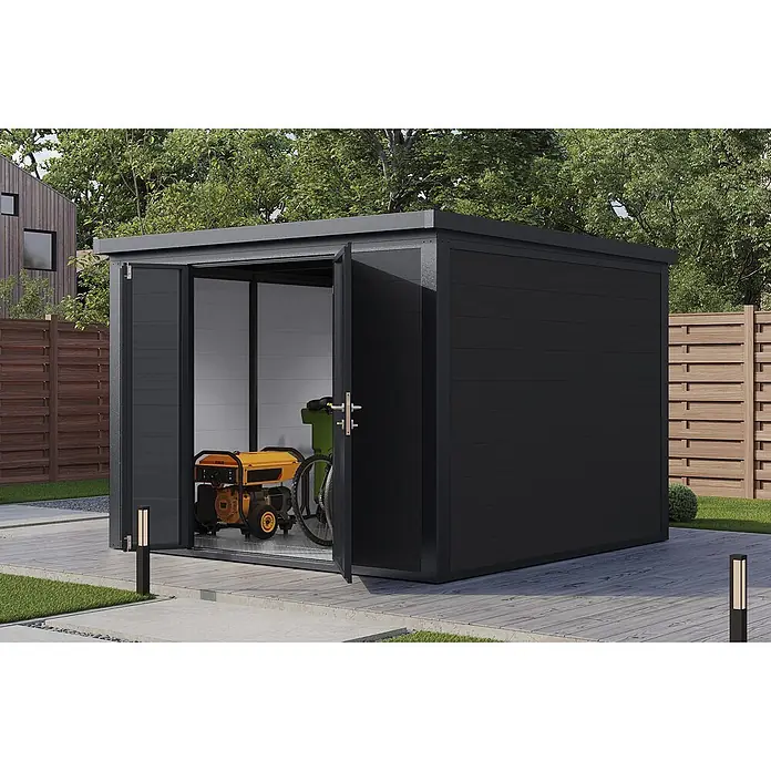 Wolff Finnhaus Gartenhaus Asger Prime Line - Außenmaß inkl. Dachüberstand (B x T): 300 x 300 cm, Verbundwerkstoff, Anthrazit - Moderner, dunkelgrauer Metallgeräteschuppen mit geöffneten Türen, der einen Generator und ein Fahrrad auf einer Terrasse zeigt.