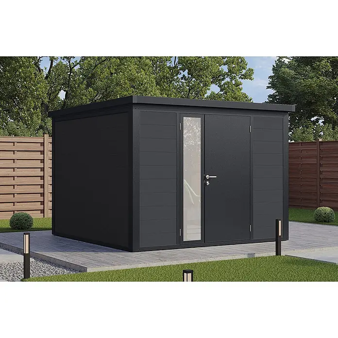 Wolff Finnhaus Gartenhaus Asger Prime Line - Außenmaß inkl. Dachüberstand (B x T): 300 x 300 cm, Verbundwerkstoff, Anthrazit - Moderner, dunkelgrauer Gartenhaus mit horizontalen Paneelen und teilverglaster Tür, auf Pflaster im Garten.