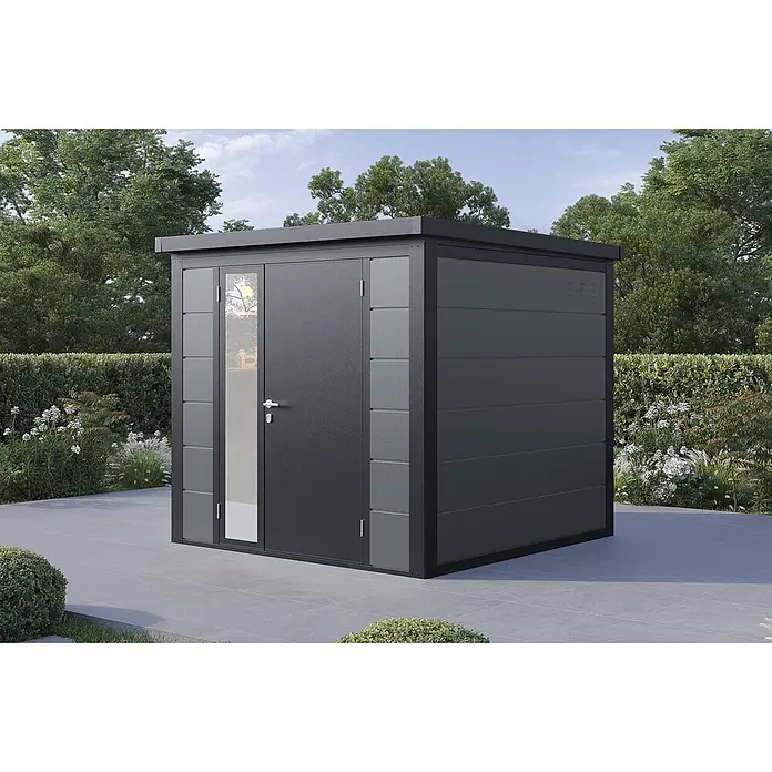 Wolff Finnhaus Gartenhaus Ulrik Prime Line - Außenmaß inkl. Dachüberstand (B x T): 240 x 247 cm, Metall, Felsgrau - Moderner dunkelgrauer Metall-Gartenschuppen mit Flachdach und Doppeltüren, eine mit vertikalem Glaspaneel.