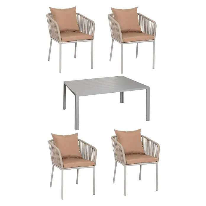 Mendler Gartenmöbel-Set HWC-N41 - 5 -tlg., Metall, Grau, taupe, Grau Kissen taupe - Gartenset mit grauem Metalltisch und vier beigefarbenen Stühlen mit Seilgeflecht und Kissen.