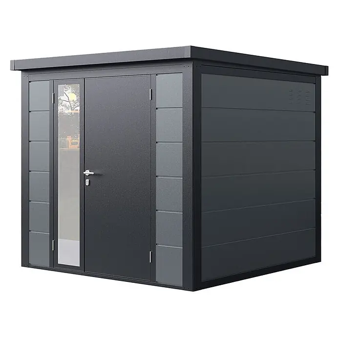 Wolff Finnhaus Gartenhaus Ulrik Prime Line - Außenmaß inkl. Dachüberstand (B x T): 240 x 247 cm, Metall, Felsgrau - Dunkelgrauer Metall-Gartenschuppen mit Flachdach, Doppeltüren (eine mit Fenster) und horizontaler Verkleidung.