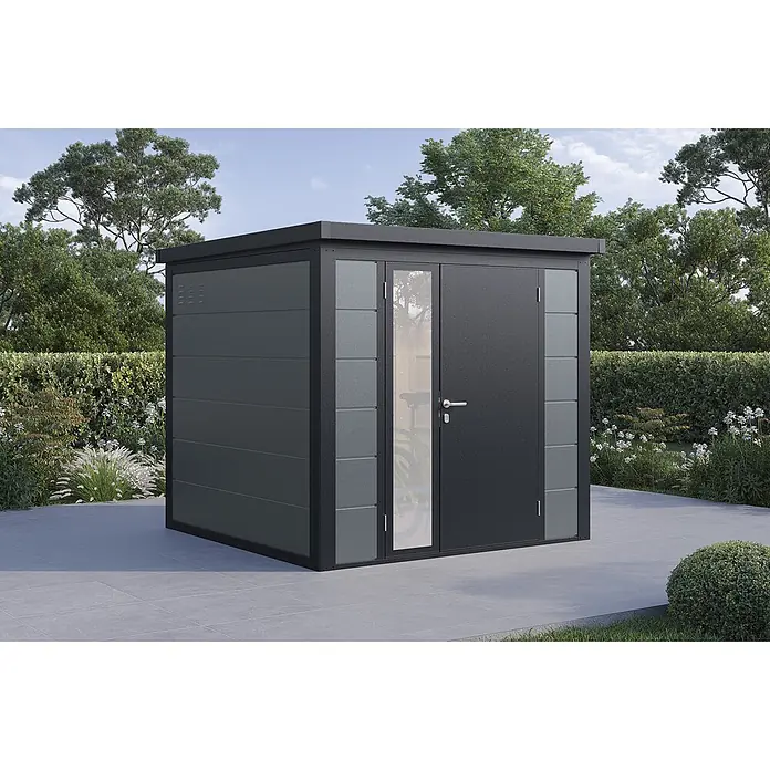 Wolff Finnhaus Gartenhaus Ulrik Prime Line - Außenmaß inkl. Dachüberstand (B x T): 240 x 247 cm, Metall, Felsgrau - Ein moderner, dunkelgrauer Metall-Gartenschuppen mit einer Klarglas-Türsektion, steht auf einer Terrasse.