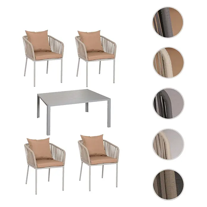 Mendler Gartenmöbel-Set HWC-N41 - 5 -tlg., Metall, Grau, taupe, Grau Kissen taupe - Gartenmöbel-Set: vier Stühle mit beigem Seilgeflecht, braunen Kissen und grauem Lamellen-Metalltisch.
