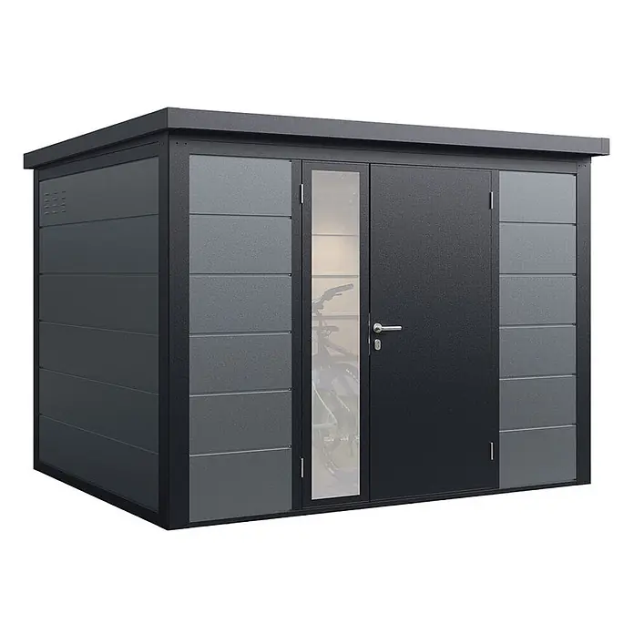 Wolff Finnhaus Gartenhaus Ulrik Prime Line - Außenmaß inkl. Dachüberstand (B x T): 300 x 247 cm, Metall, Felsgrau - Moderner dunkelgrauer Metallschuppen mit Flachdach. Er hat gerippte Paneele, eine Glastür mit Fahrrad und eine Volltür.