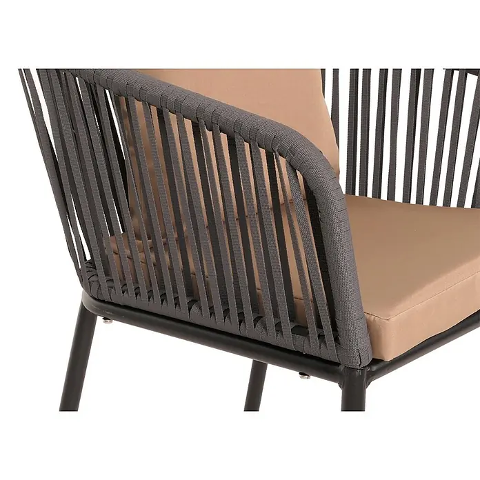 Mendler Gartenmöbel-Set HWC-N41 - 5 -tlg., Metall, Anthrazit, taupe, Anthrazit Kissen taupe - Nahaufnahme eines Stuhls mit dunkelgrauen geflochtenen Seilarmlehnen und Rückenlehne, beigen Kissen und schwarzem Gestell.