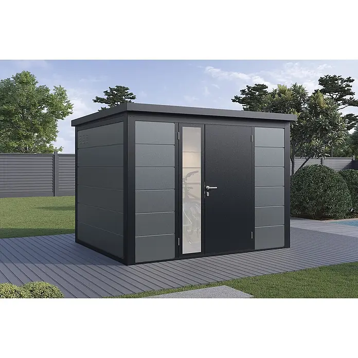 Wolff Finnhaus Gartenhaus Ulrik Prime Line - Außenmaß inkl. Dachüberstand (B x T): 300 x 247 cm, Metall, Felsgrau - Modernes dunkelgrau-schwarzes Gartenhaus mit Glaspaneel, Doppeltür und Flachdach, auf einer Holzterrasse mit verstautem Fahrrad.