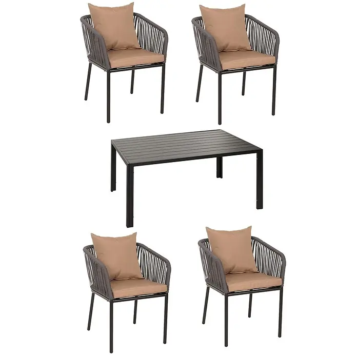 Mendler Gartenmöbel-Set HWC-N41 - 5 -tlg., Metall, Anthrazit, taupe, Anthrazit Kissen taupe - Vier dunkelgraue Metall-Gartenstühle mit geflochtenen Rückenlehnen und beigefarbenen Kissen, um einen rechteckigen dunkelgrauen Metall-Esstisch.