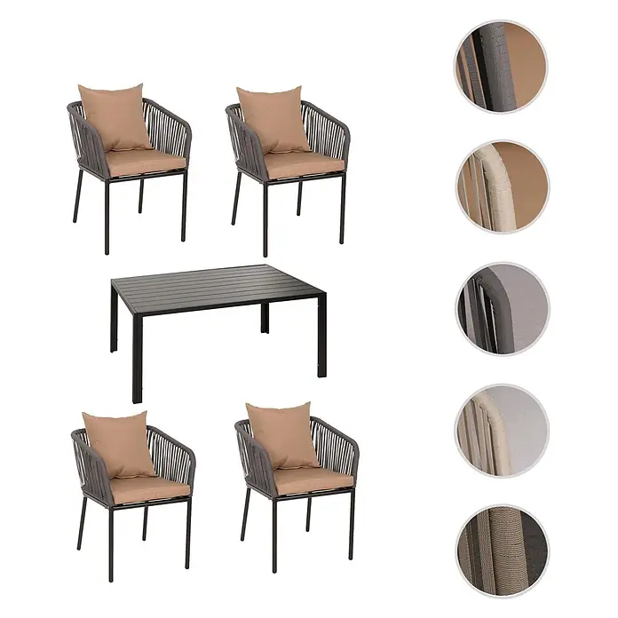 Mendler Gartenmöbel-Set HWC-N41 - 5 -tlg., Metall, Anthrazit, taupe, Anthrazit Kissen taupe - Outdoor-Essgruppe mit 4 Stühlen mit dunkelgrauen Seil-Rückenlehnen und beigen Kissen sowie einem rechteckigen dunkelgrauen Lamellentisch.