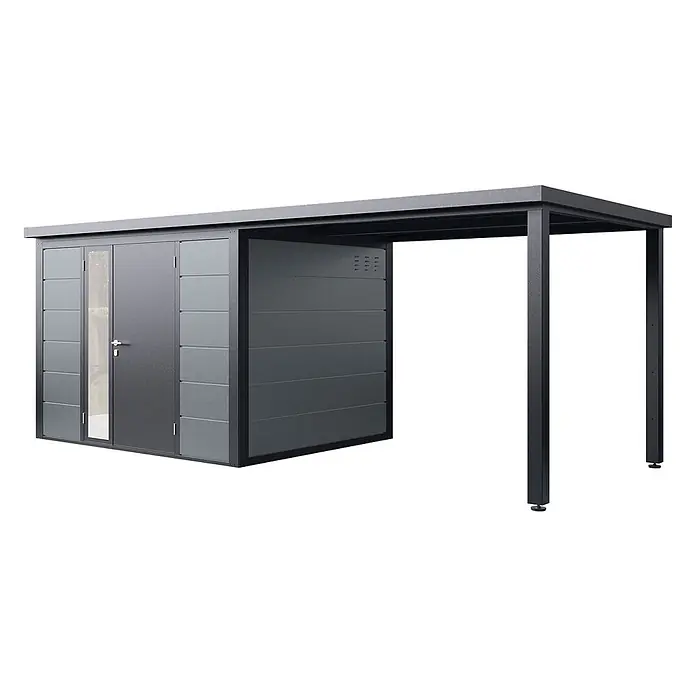 Wolff Finnhaus Gartenhaus Linnea Prime Line - Außenmaß inkl. Dachüberstand (B x T): 580 x 247 cm, Metall, Felsgrau - Anthrazitfarbener Metallgeräteschuppen mit integriertem Carport und Doppeltür mit Sichtfenster.