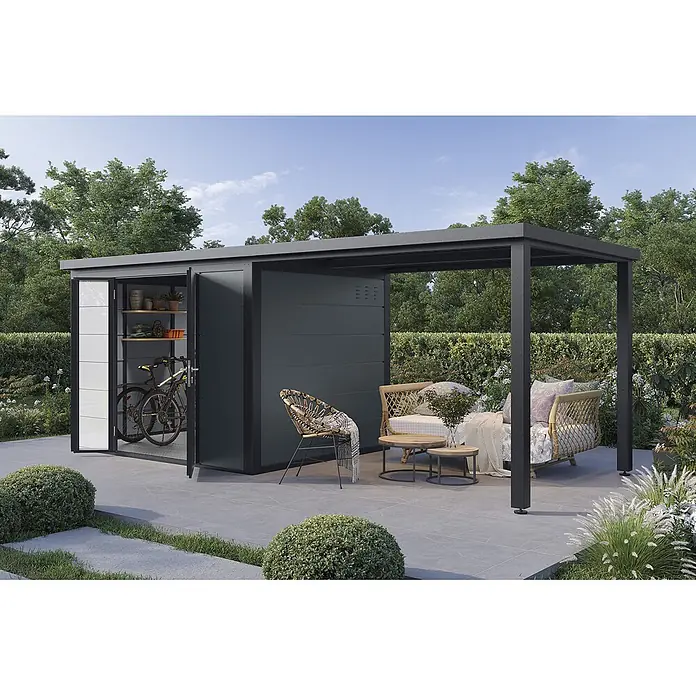 Wolff Finnhaus Gartenhaus Linnea Prime Line - Außenmaß inkl. Dachüberstand (B x T): 580 x 247 cm, Metall, Felsgrau - Moderner dunkelgrauer Geräteschuppen mit integrierter Pergola für Stauraum und einen Sitzbereich im Freien.