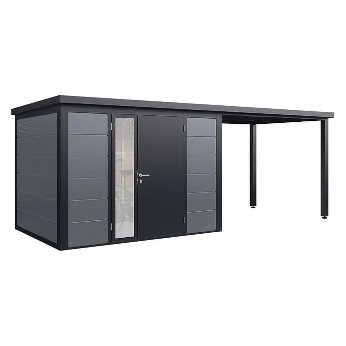 Wolff Finnhaus Gartenhaus Linnea Prime Line - Außenmaß inkl. Dachüberstand (B x T): 580 x 247 cm, Metall, Felsgrau - Dunkelgraues Metallgerätehaus mit hellgrauen Paneelen und integriertem Carport. Zwei Türen, eine mit Glaspaneel.