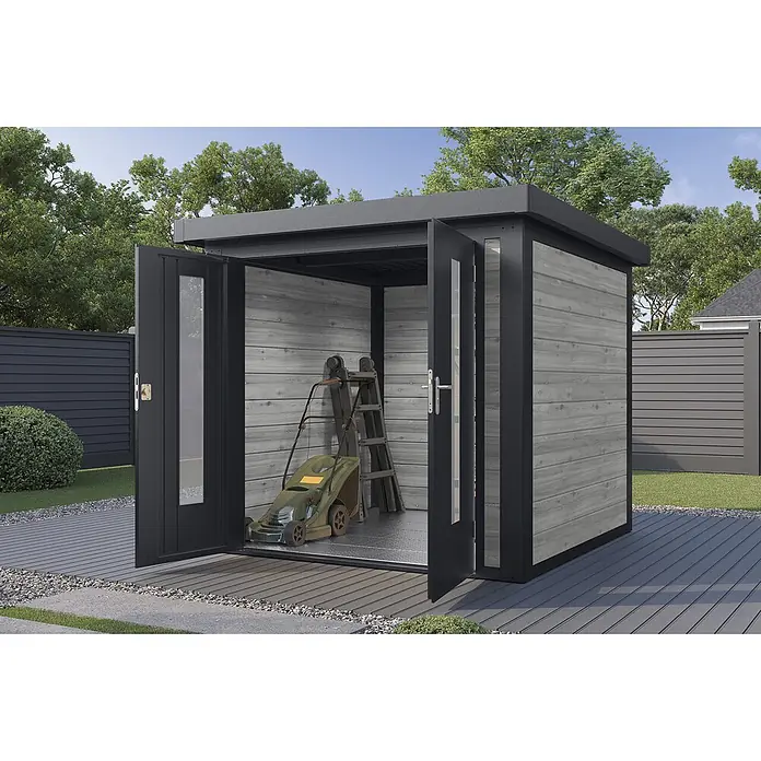 Wolff Finnhaus Gartenhaus Henrik Master Line - Außenmaß inkl. Dachüberstand (B x T): 264 x 272 cm, Holz, Grau - Moderner grauer Gartenschuppen mit geöffneten Türen, der Rasenmäher und Leiter zeigt, auf einer Holzterrasse.