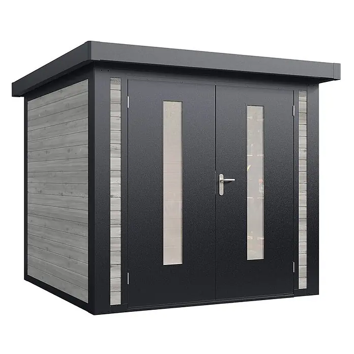 Wolff Finnhaus Gartenhaus Henrik Master Line - Außenmaß inkl. Dachüberstand (B x T): 264 x 272 cm, Holz, Grau - Moderner Geräteschuppen mit dunkelgrauem Metallrahmen, Türen und Flachdach. Graue Holzseiten und Doppeltüren mit vertikalen Fenstern.