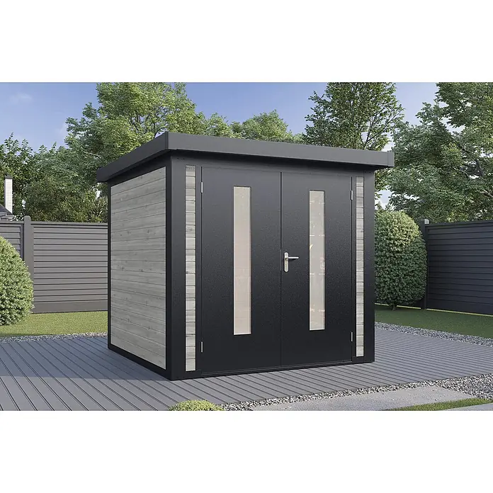 Wolff Finnhaus Gartenhaus Henrik Master Line - Außenmaß inkl. Dachüberstand (B x T): 264 x 272 cm, Holz, Grau - Moderne Gartenhütte mit dunkelgrauen Türen und hellen Holzseiten auf einer Terrasse.