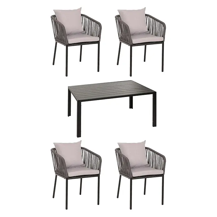 Mendler Gartengarnitur HWC-N41 Tisch+4xStuhl - anthrazit Kissen grau -  - Dunkelgraue Outdoor-Essgruppe mit vier geflochtenen Stühlen, hellgrauen Kissen und rechteckigem Lamellentisch.