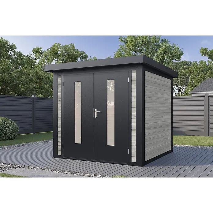 Wolff Finnhaus Gartenhaus Henrik Master Line - Außenmaß inkl. Dachüberstand (B x T): 264 x 272 cm, Holz, Grau - Modernes dunkelgraues Gartenhaus mit hellgrauen Holzseitenwänden auf einer Terrasse im Garten.