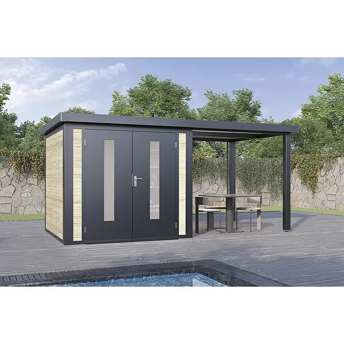 Wolff Finnhaus Gartenhaus Alvar Master Line - Außenmaß inkl. Dachüberstand (B x T): 489 x 272 cm, Holz, Naturhell - Moderner dunkelgrauer Geräteschuppen mit Holzseitenwänden und integrierter Pergola für Stauraum und Schatten auf einer Terrasse.