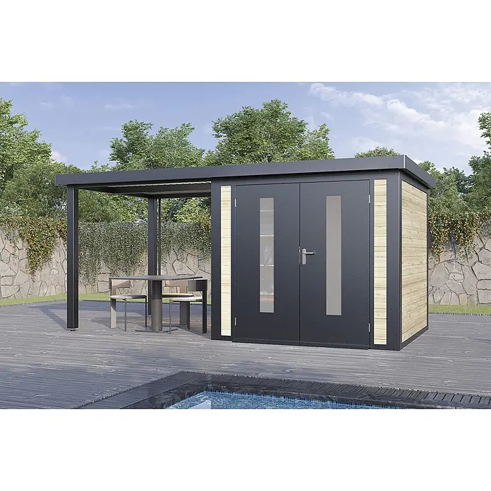 Wolff Finnhaus Gartenhaus Alvar Master Line - Außenmaß inkl. Dachüberstand (B x T): 489 x 272 cm, Holz, Naturhell - Modernes Gartenhaus mit integrierter dunkelgrauer Pergola und heller Holzverkleidung, auf einer Terrasse am Pool.
