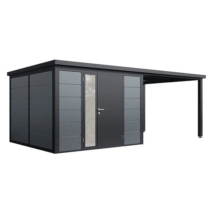 Wolff Finnhaus Gartenhaus Linnea Prime Line - Außenmaß inkl. Dachüberstand (B x T): 590 x 306 cm, Metall, Felsgrau - Moderner dunkelgrauer Metallschuppen mit integriertem Carport.
