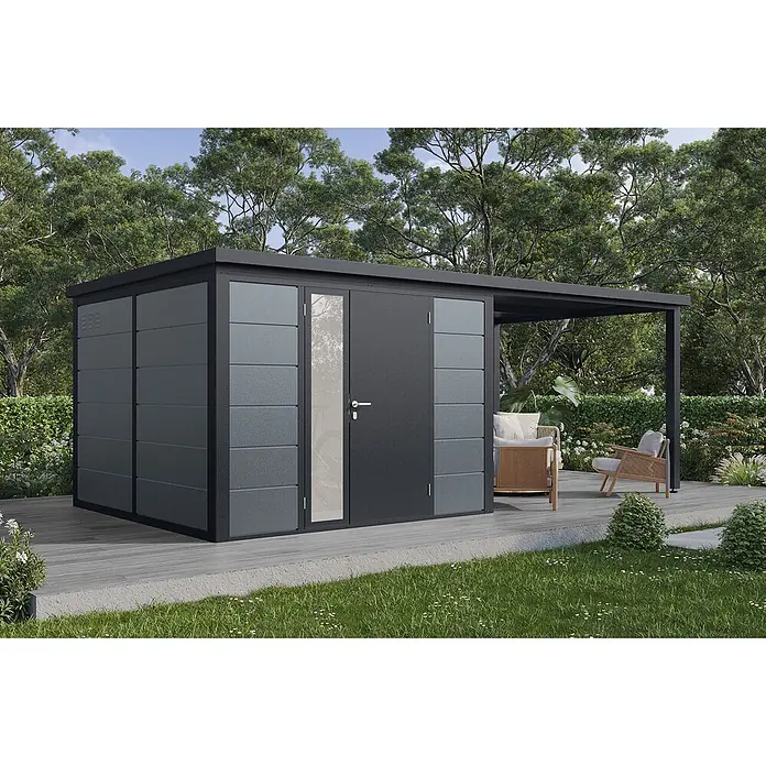Wolff Finnhaus Gartenhaus Linnea Prime Line - Außenmaß inkl. Dachüberstand (B x T): 590 x 306 cm, Metall, Felsgrau - Moderner, dunkelgrauer Metall-Gartenschuppen mit satinierten Glasscheiben und integrierter Pergola, mit Sitzgelegenheiten auf der Terrasse.