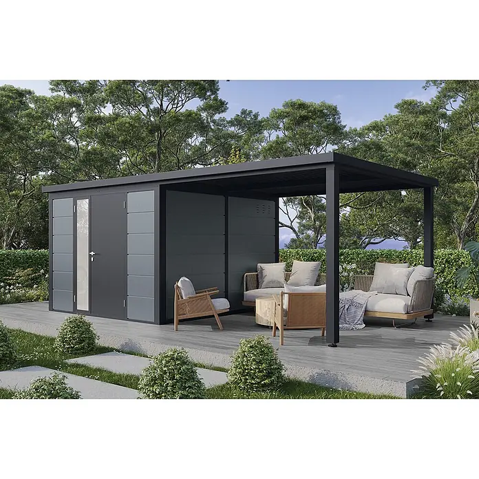 Wolff Finnhaus Gartenhaus Linnea Prime Line - Außenmaß inkl. Dachüberstand (B x T): 590 x 306 cm, Metall, Felsgrau - Dunkelgrauer Geräteschuppen mit integrierter Pergola, mit hell- und dunkelgrauen Paneelen, für Stauraum und schattigen Wohnbereich.