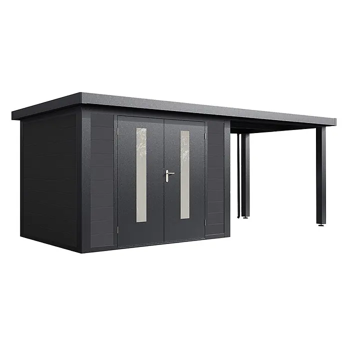 Wolff Finnhaus Gartenhaus Olin Master Line - Außenmaß inkl. Dachüberstand (B x T): 550 x 272 cm, Verbundwerkstoff, Anthrazit - Dunkelgraues Gerätehaus mit Doppeltüren, vertikalen Fenstern und integriertem Seiten-Carport.