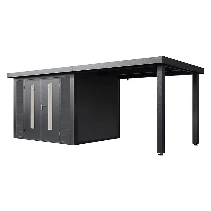 Wolff Finnhaus Gartenhaus Olin Master Line - Außenmaß inkl. Dachüberstand (B x T): 550 x 272 cm, Verbundwerkstoff, Anthrazit - Anthrazitfarbener Metallgeräteschuppen mit integriertem Carport, Doppeltüren mit Fensterstreifen für Lagerung und Schutz.