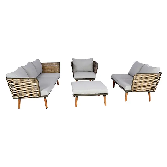 Mendler Loungemöbel-Set HWC-L31 - 4 -tlg., Textil, Hellgrau, Hellgrau - Outdoor-Lounge-Set mit hellgrauen Kissen, braunen Flechtdetails, dunkelgrauem Gestell und Holzbeinen. Bestehend aus Sofa, Sessel und Hocker.