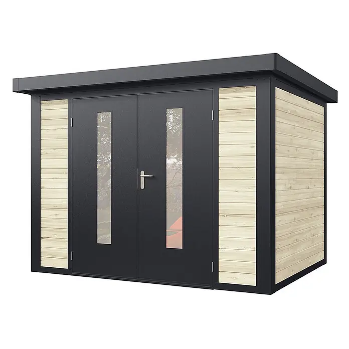Wolff Finnhaus Gartenhaus Henrik Master Line - Außenmaß inkl. Dachüberstand (B x T): 324 x 272 cm, Holz, Naturhell - Moderner Schuppen mit schwarzen Türen, heller Holzverkleidung und Glasfeldern.