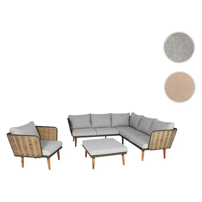 Mendler Loungemöbel-Set HWC-L31 - 4 -tlg., Textil, Hellgrau, Hellgrau - Outdoor-Lounge-Set mit hellgrauen Kissen, braunen Geflechtdetails und Holzbeinen, bestehend aus Sofa, Sessel und Ottoman.