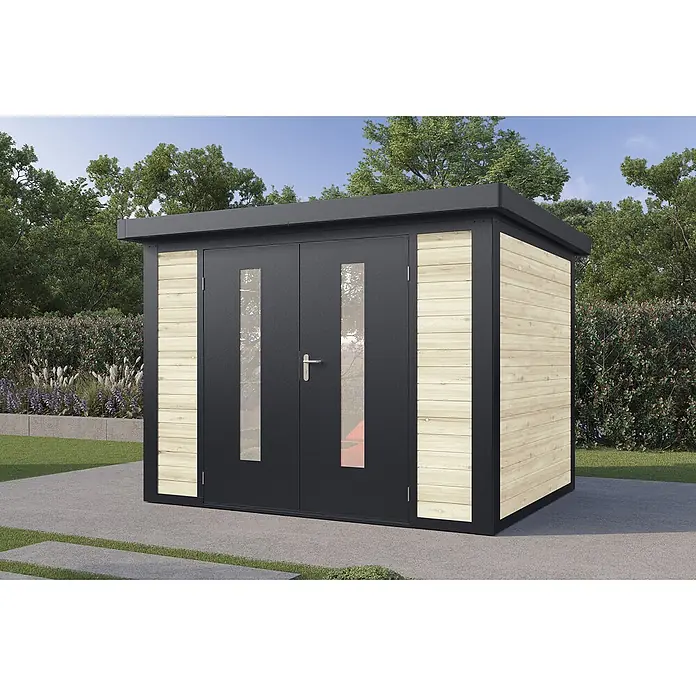 Wolff Finnhaus Gartenhaus Henrik Master Line - Außenmaß inkl. Dachüberstand (B x T): 324 x 272 cm, Holz, Naturhell - Moderner Geräteschuppen mit dunkelgrauen Doppeltüren und hellen Holzpaneelen, für den Garten.