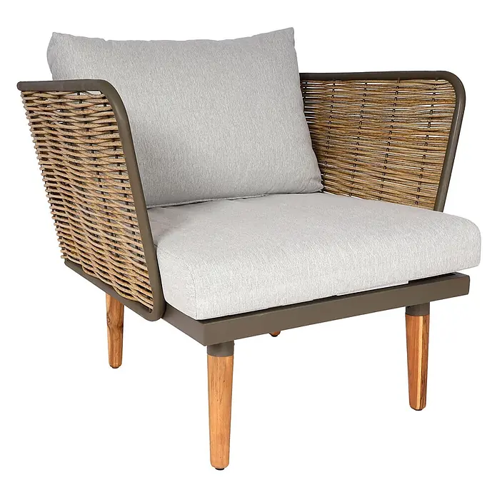 Mendler Loungemöbel-Set HWC-L31 - 4 -tlg., Textil, Hellgrau, Hellgrau - Moderner Sessel mit Seiten aus Naturgeflecht, dunklem Metallrahmen, hellgrauen Polstern und Holzbeinen.