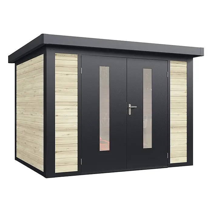 Wolff Finnhaus Gartenhaus Henrik Master Line - Außenmaß inkl. Dachüberstand (B x T): 324 x 272 cm, Holz, Naturhell - Modernes Gartenhaus mit schwarzem Metallrahmen, heller Holzverkleidung und Doppeltüren mit vertikalen Glaseinsätzen und silbernem Griff.