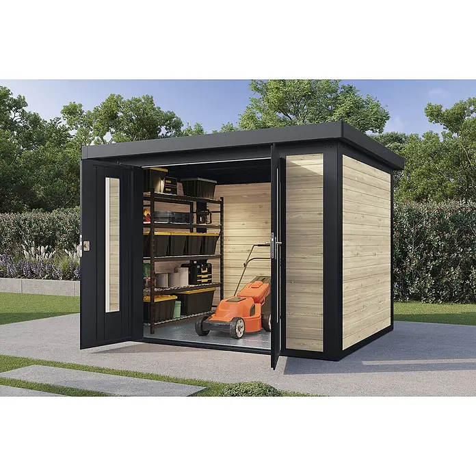 Wolff Finnhaus Gartenhaus Henrik Master Line - Außenmaß inkl. Dachüberstand (B x T): 324 x 272 cm, Holz, Naturhell - Moderner Geräteschuppen mit dunklem Rahmen, hellen Holzpaneelen, Doppeltüren, Innenregalen und Rasenmäher zur Gartenaufbewahrung.