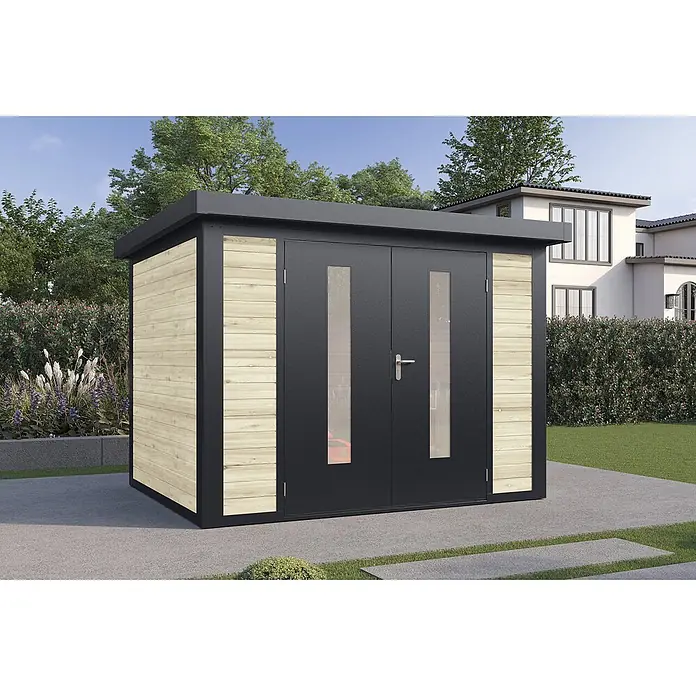 Wolff Finnhaus Gartenhaus Henrik Master Line - Außenmaß inkl. Dachüberstand (B x T): 324 x 272 cm, Holz, Naturhell - Moderner Geräteschuppen mit dunkelgrauem Rahmen, hellen Holzpaneelen und Doppeltüren mit Glaseinsätzen im Garten.
