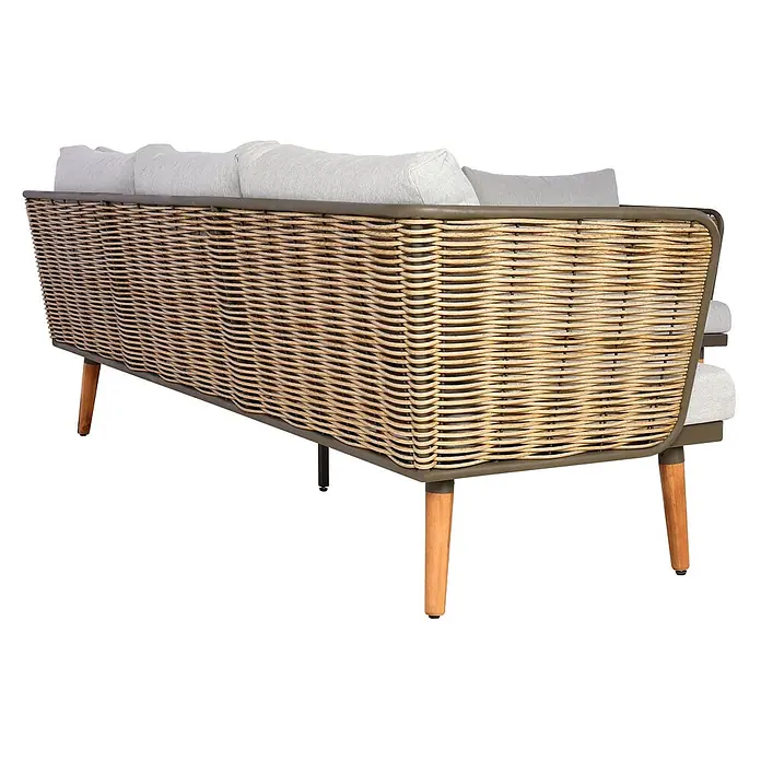 Mendler Loungemöbel-Set HWC-L31 - 4 -tlg., Textil, Hellgrau, Hellgrau - Rücken eines Outdoor-Sofas mit naturfarbenem Korbgeflecht, dunkelgrauem Rahmen, hellgrauen Kissen und Holzbeinen.