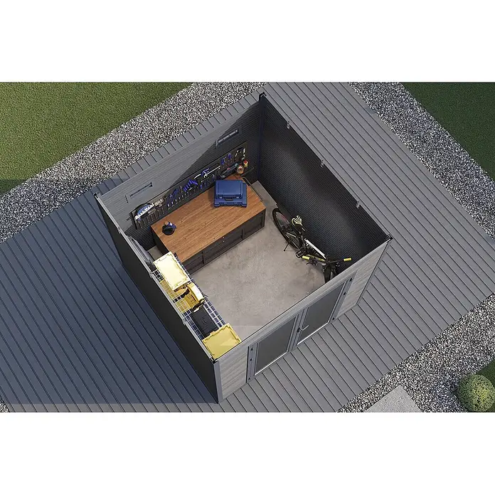 Wolff Finnhaus Gartenhaus Avela Master Line - Außenmaß inkl. Dachüberstand (B x T): 280 x 280 cm, Verbundwerkstoff, Anthrazit - Grauer Gartenschuppen mit offenem Dach, zeigt eine Werkbank mit Werkzeugen, ein Fahrrad und Lagerregale im Inneren.