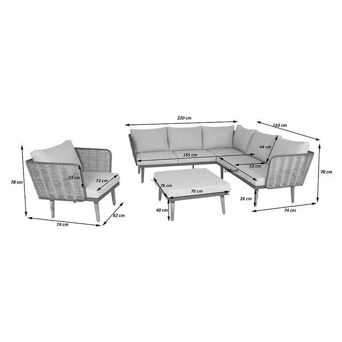 Mendler Loungemöbel-Set HWC-L31 - 4 -tlg., Textil, Hellgrau, Hellgrau - Ecksofa, Sessel und Hocker-Set für draußen mit hellgrauen Polstern und geflochtenen Details, inklusive Maßen.