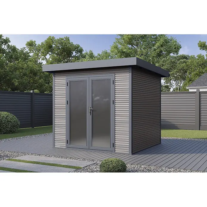 Wolff Finnhaus Gartenhaus Avela Master Line - Außenmaß inkl. Dachüberstand (B x T): 280 x 280 cm, Verbundwerkstoff, Anthrazit - Moderner Geräteschuppen aus grauem und holzfarbenem Verbundmaterial mit Doppeltüren auf einer grauen Terrasse im Garten.