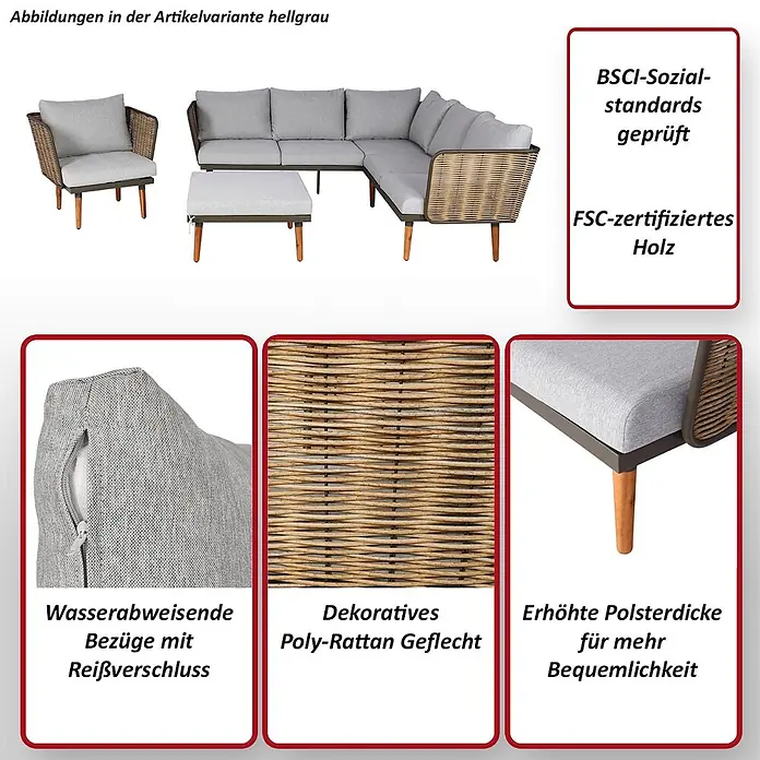 Mendler Loungemöbel-Set HWC-L31 - 4 -tlg., Textil, Hellgrau, Hellgrau - Hellgraues Polyrattan Gartenlounge-Set mit Holzfüßen, bestehend aus Ecksofa, Sessel und Ottoman.