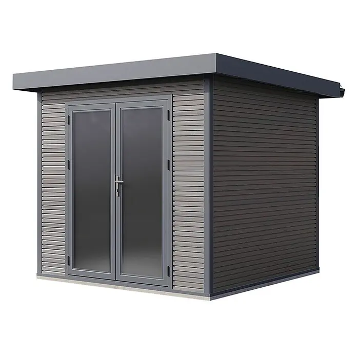 Wolff Finnhaus Gartenhaus Avela Master Line - Außenmaß inkl. Dachüberstand (B x T): 280 x 280 cm, Verbundwerkstoff, Anthrazit - Modernes Gartenhaus mit dunkelgrauem Rahmen, zweifarbigen Lamellenwänden und doppelten Milchglastüren. Flachdach.
