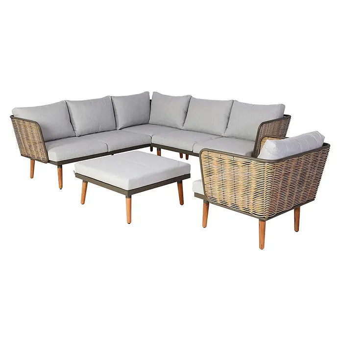 Mendler Loungemöbel-Set HWC-L31 - 4 -tlg., Textil, Hellgrau, Hellgrau - Outdoor-Sitzgruppe mit hellgrauen Kissen, braunem Geflecht und Holzbeinen, bestehend aus Ecksofa, Sessel und Ottoman.