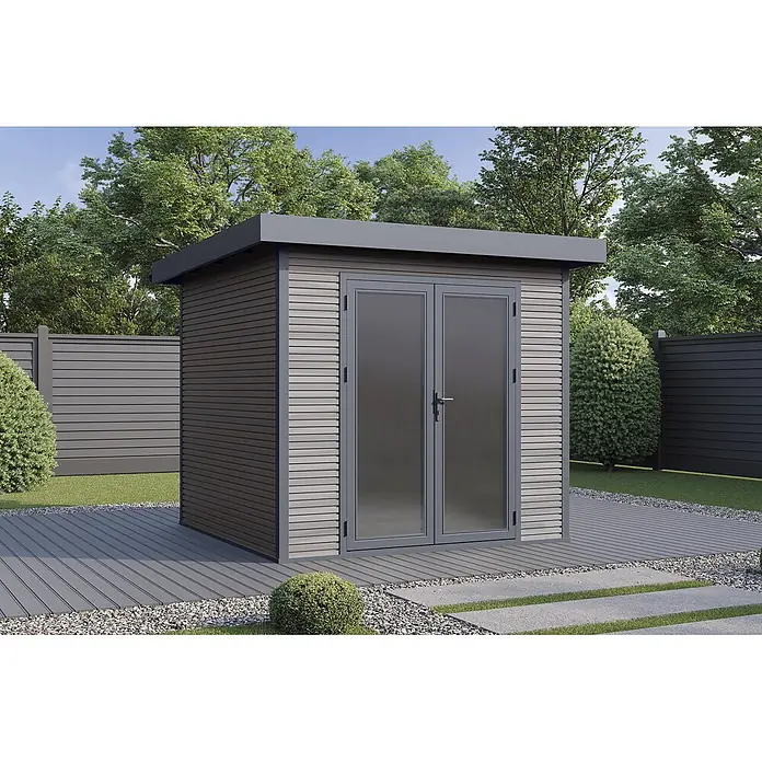 Wolff Finnhaus Gartenhaus Avela Master Line - Außenmaß inkl. Dachüberstand (B x T): 280 x 280 cm, Verbundwerkstoff, Anthrazit - Modernes Gartenhaus mit hell- und dunkelgrauer Horizontalschalung, Flachdach und Doppeltüren auf einer grauen Terrasse.
