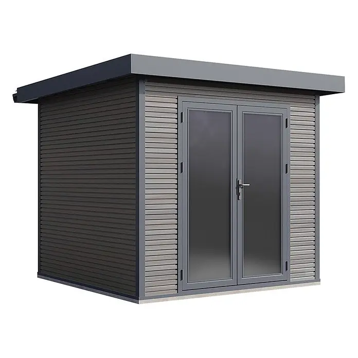 Wolff Finnhaus Gartenhaus Avela Master Line - Außenmaß inkl. Dachüberstand (B x T): 280 x 280 cm, Verbundwerkstoff, Anthrazit - Moderner anthrazitfarbener Gartenschuppen mit horizontaler Verkleidung, doppelten grauen Glastüren und Flachdach für Gartenaufbewahrung.