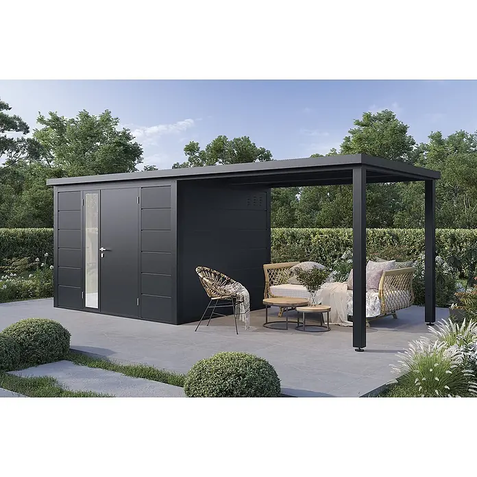 Wolff Finnhaus Gartenhaus Linnea Prime Line - Außenmaß inkl. Dachüberstand (B x T): 580 x 247 cm, Metall, Anthrazit - Dunkelgraues Gartenhaus mit integrierter Pergola, das einen stilvollen Wohnraum im Freien auf einer Terrasse schafft.