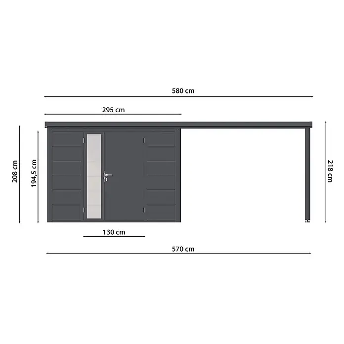 Wolff Finnhaus Gartenhaus Linnea Prime Line - Außenmaß inkl. Dachüberstand (B x T): 580 x 247 cm, Metall, Anthrazit - Dunkelgrauer Metall-Geräteschuppen mit integriertem offenem Carport/Vordach.